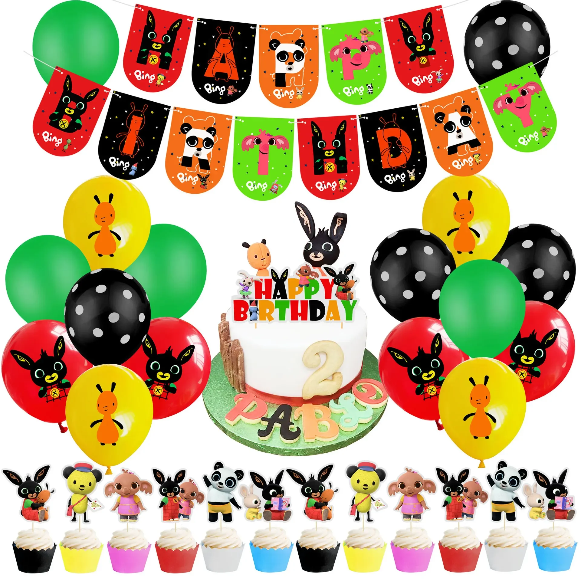 Cartoon Binging Cake Toppers Flag Banner Balloon Set Bings Toys Balloons Red Rabbit Ant Elephant Kids Birthday Party Decoration