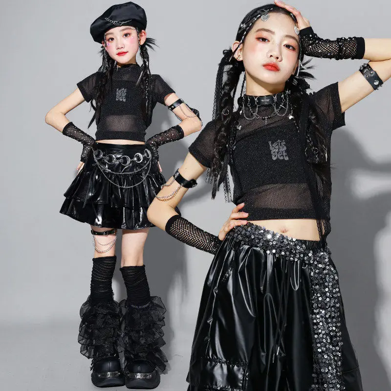 

Jazz Outfit Girl Black Dance Performance Outfit Crop Top Glossy Skirt Children School Show Stage Clothes Fashion Streetwear 3485