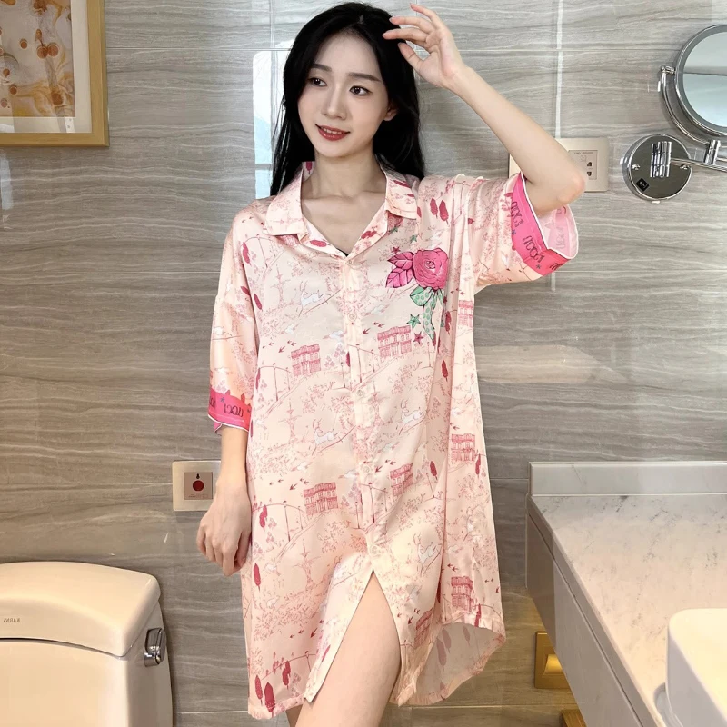 Stain Nightdress for Women Short Sleeve Spring Summer Nightgowns & Sleepshirts Women Sleepwear Shirt Buttons Outwear Shirt