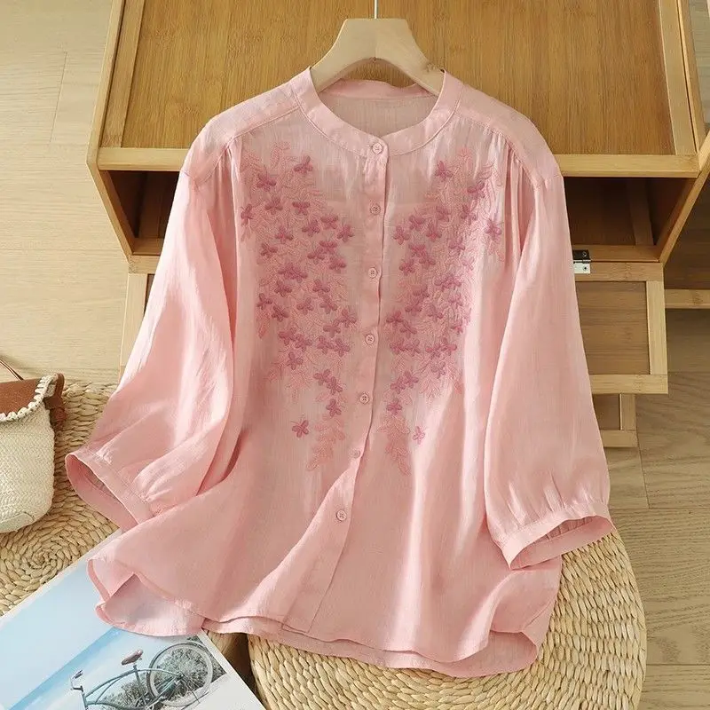 

Ethnic Style Embroidered Cotton Linen Blouse for Women Summer Lantern Sleeve Cotton Linen Lightweight Cardigan Top