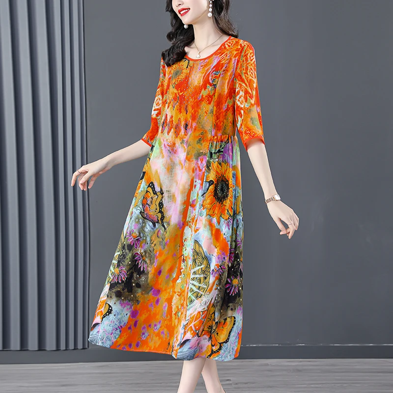 Women Floral Mulberry Silk Midi Dress Spring Summer Elegant Loose Waist Plus Size Dress 2024 Korean Vintage Casual Party Dresses