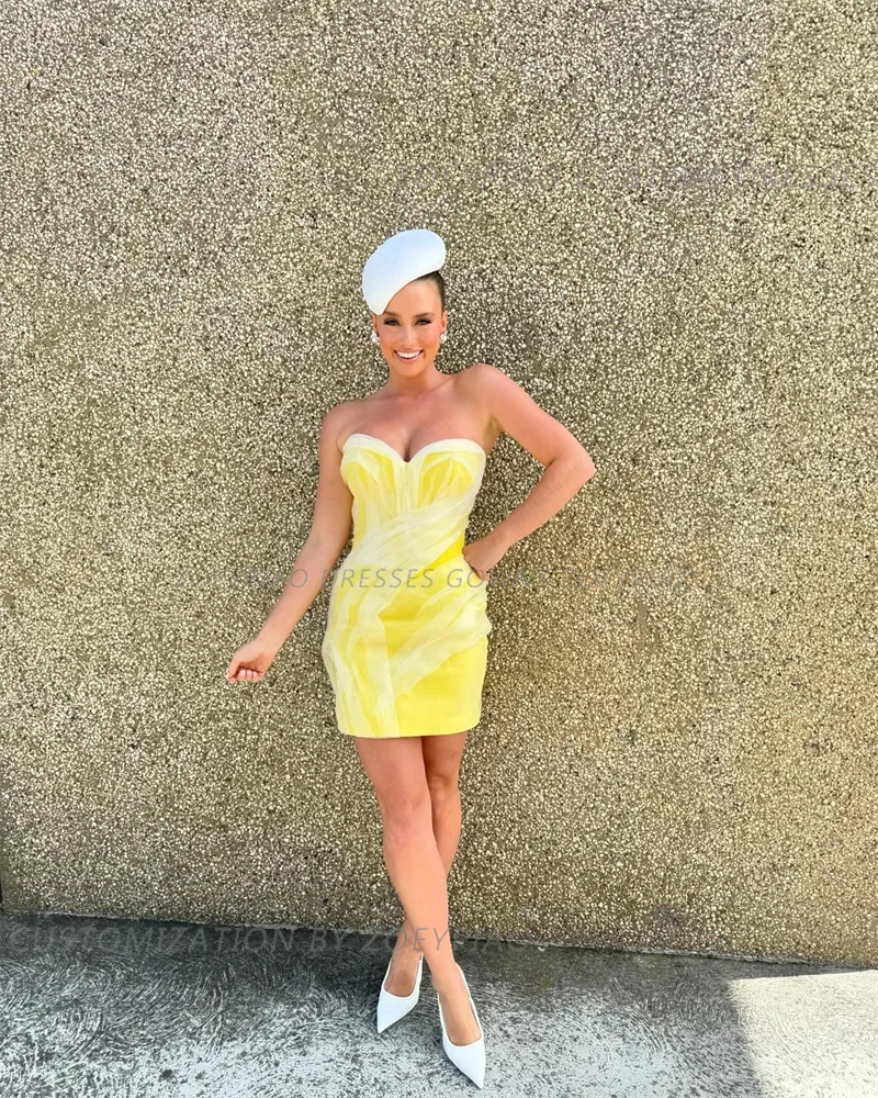 Gele Sexy Satijnen Mini Cocktailjurk Mouwloos Strand Korte Israël Prom Gown Clubbing Speciale Evenement Jurken Vrijetijdskleding