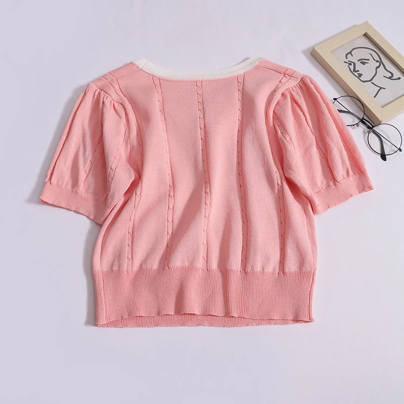 Women Casual Contrast Color Bow O-neck T-shirt Solid Patchwork Short Sleeved Pullover Summer Sweet Worn Outside Knit Crop Tops