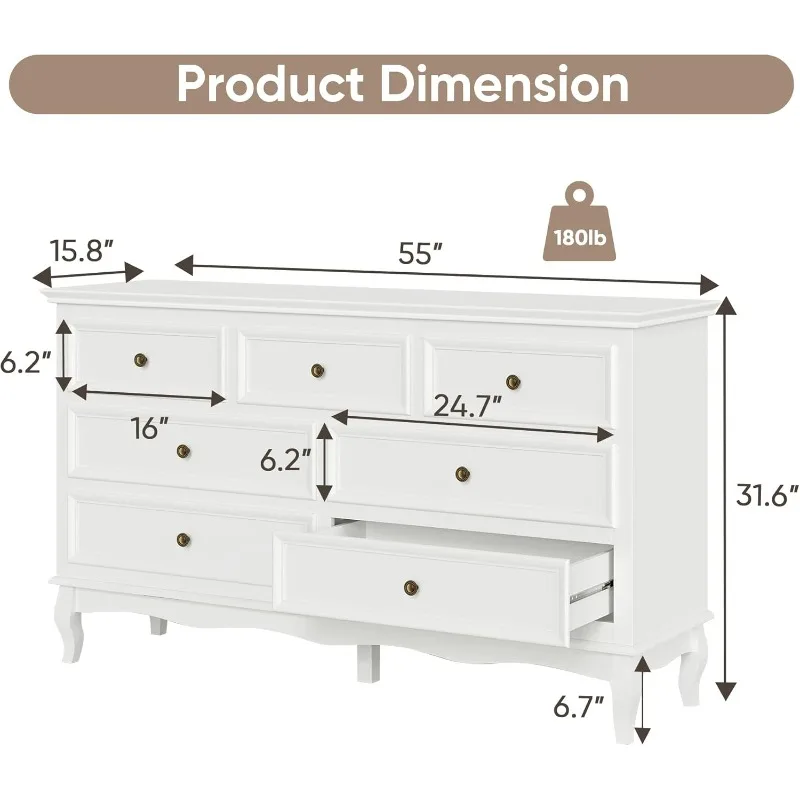 White 7 Drawer Dresser for Bedroom, Modern Chest of Drawers with Solid Wood Legs and Painted Finish, Wooden Storage Closet