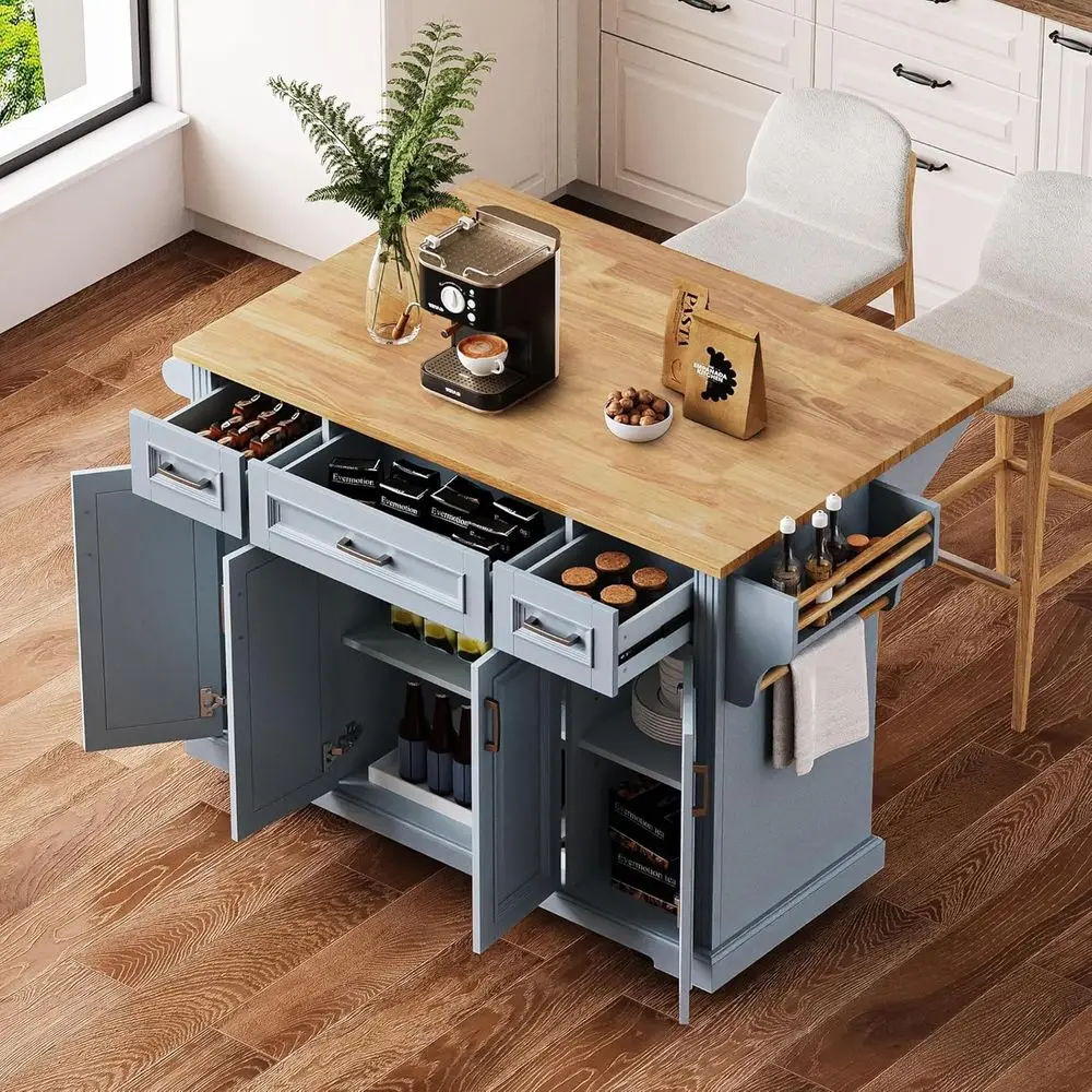 

Rolling Kitchen Island with Drop Lea, 4 Cabinet Do, 3 Ders & Side Storage Racks, Mobile Kitchen Cart with Rubberwood Top & Locki