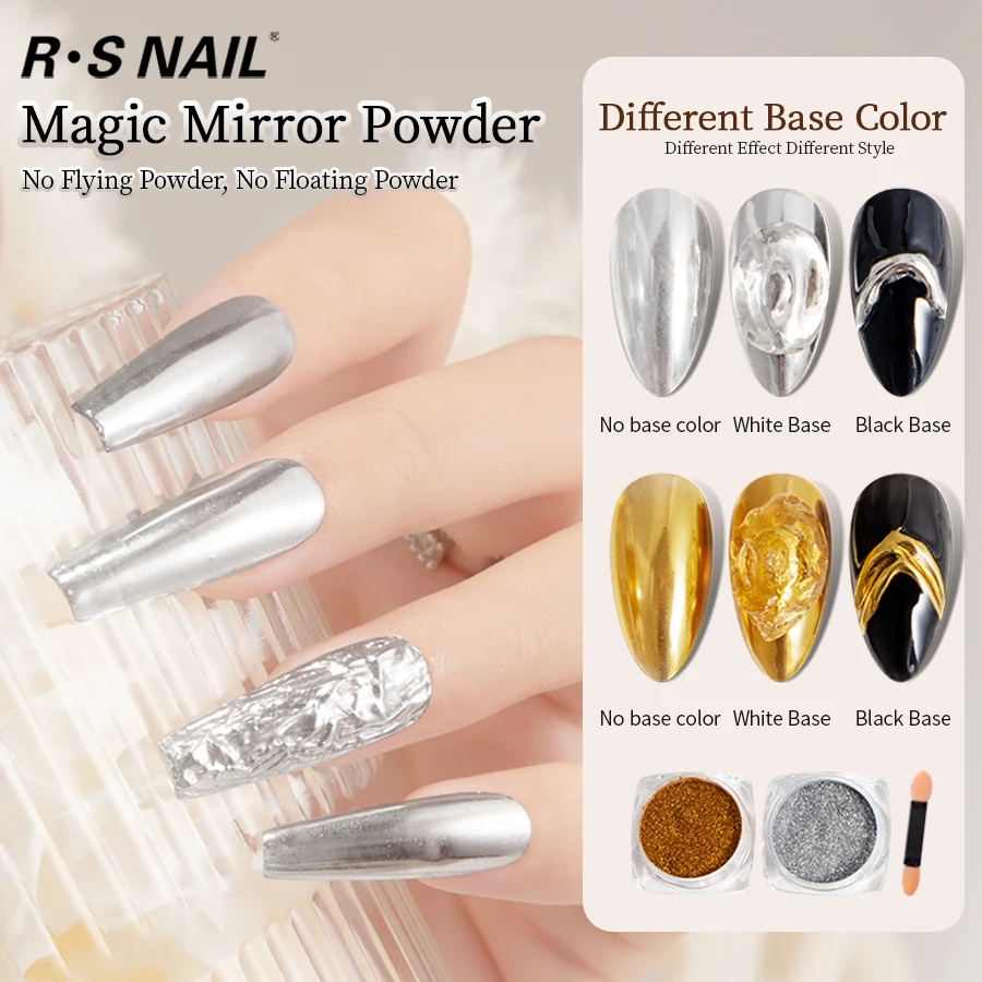 RS كروم مسحوق الأظافر المجسم مرآة سحرية معدنية ذهبية فضية فرك مسمار الفن بريق الغبار لتزيين تصميم الأظافر