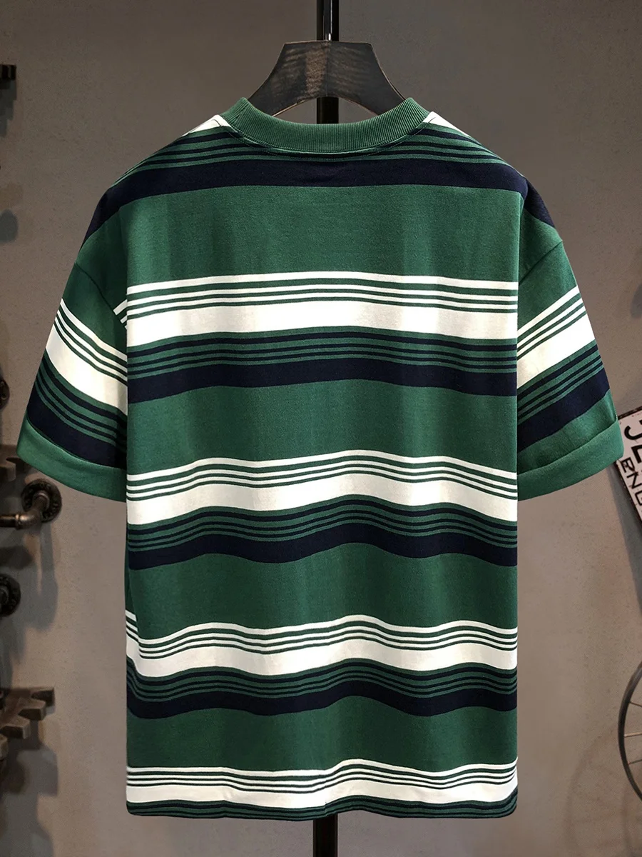 

Heavyweight Pure Cotton Striped T-irt Men's Summer Loose Fit round Ne f Sve Youth Student Couple ort Sve irt