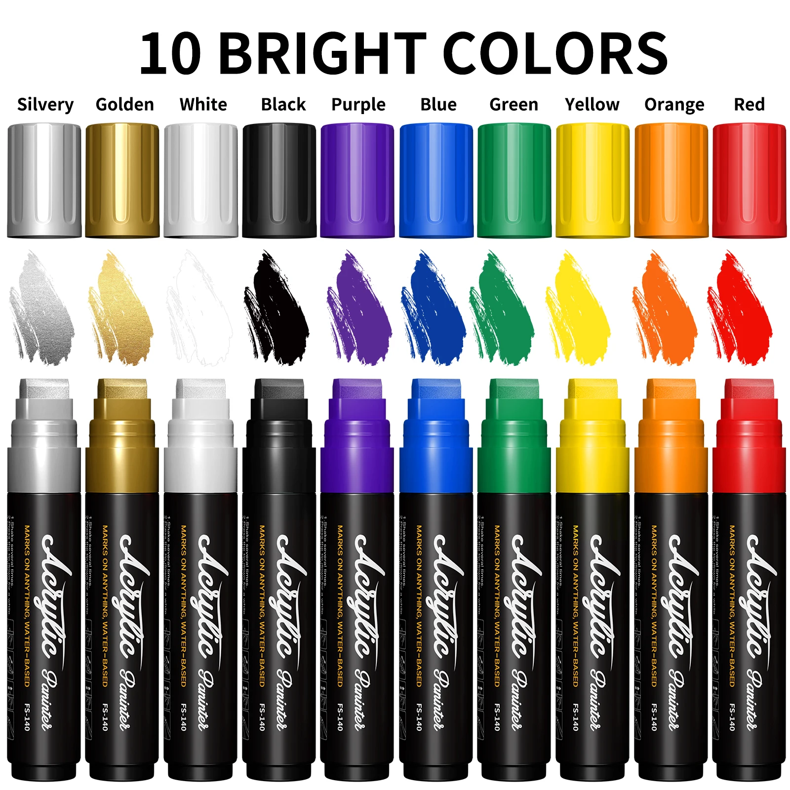 Flysea 10PCS Acrylic Paint Markers, 3-in-1 3-15mm Jumbo Nib Paint Pens, Water-Based Quick Dry Permanent Markers for Rock Wood Metal Glass DIY Graffiti