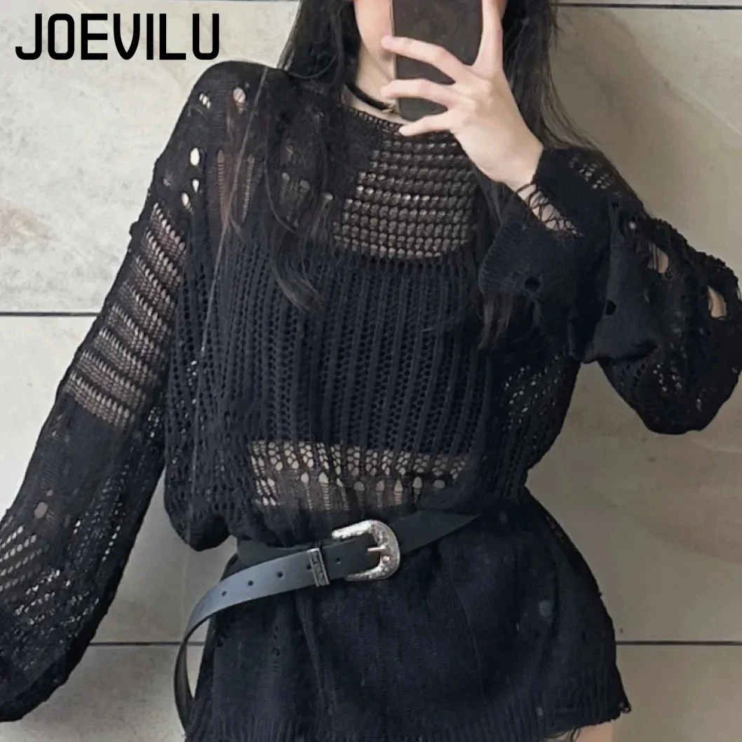 JOEVILU Camicetta in maglia cava Estate ampia vestibilità manica lunga maglione sottile Top casual coreano da donna Camicette gotiche vintage nere