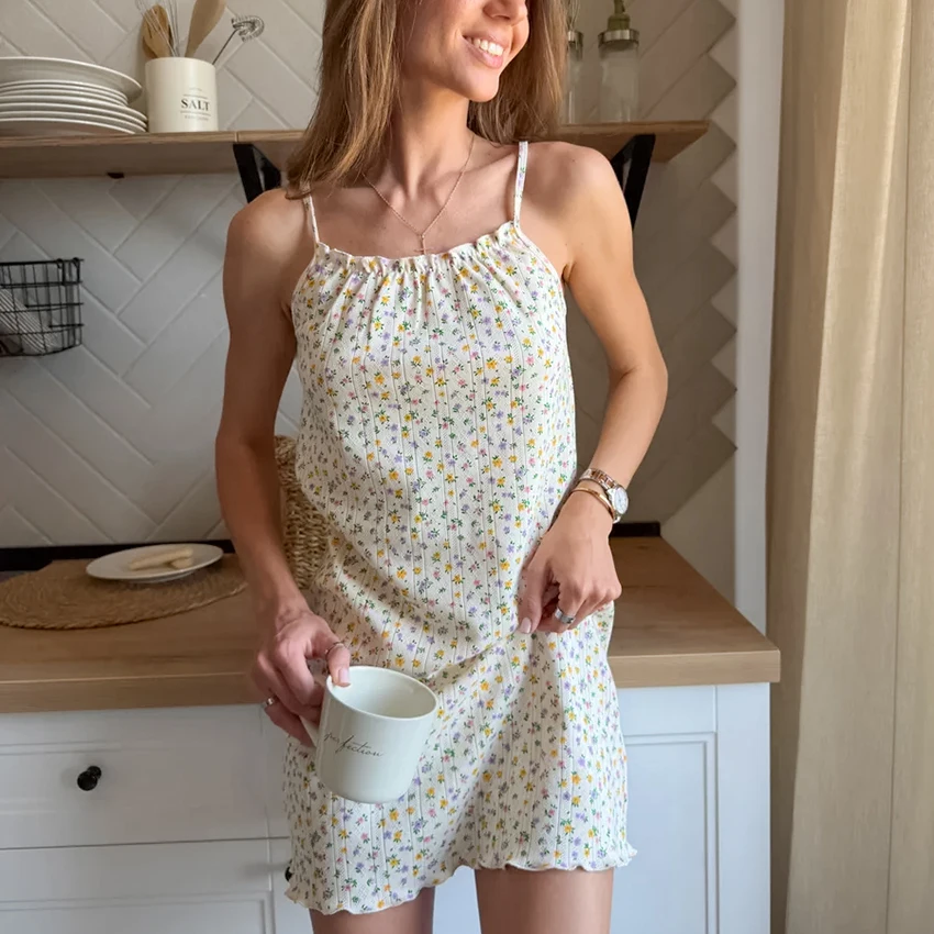 HiLoc Printed Sweet Floral Knit Elastic Women'S Nightdress Sleeveless Sling Pleated Neckline Above Knee Mini Dress 2026 Autumn