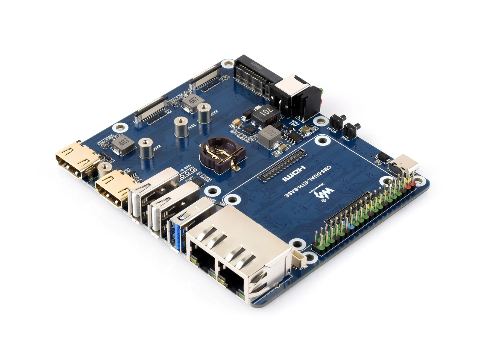 Raspberry Pi CM5 Dual LAN Board: 2.5G+1G Ethernet, Dual 4K HDMI/MIPI, USB 3.2, NVMe, 40-Pin GPIO, Wide Voltage 7-36V