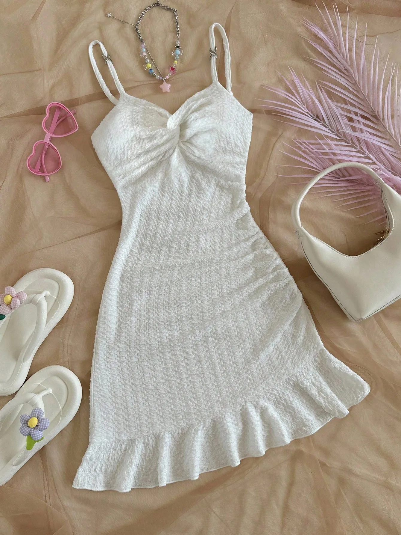 White Textured Knit Twist Bust Ruffle Hem Bodycon Mini Dress for Vacation Party