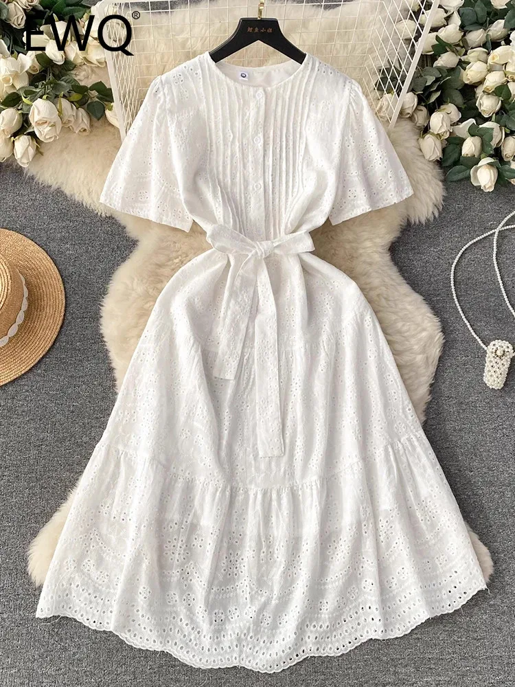 

EWQ Versatile Embroidered Women's Dress Short Sleeves Belt Gathered Waist A-line Solid Color Dresses 2024 Summer New 27C617