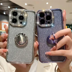 Luxury Plating Glitter Rhinestones Ring Holder Clear Case For iPhone 17 16 15 13 11 12 14 Pro Max Plus XR XS Soft Silicone Cover