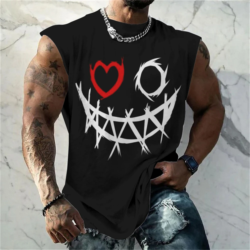 

Men's summer vintage crewneck sports vest Red eyes Demon print loose personality trend Fitness oversized sleeveless T-shirt