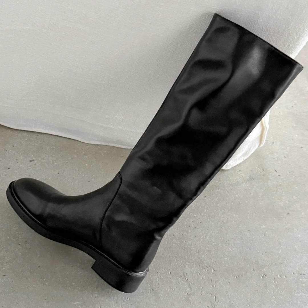 Danxuefei المرأة جلد البقر جولة تو الانزلاق على الخريف حذاء برقبة للركبة مطوي عارضة الإناث عالية الجودة لينة الراحة التمهيد الطويل #4