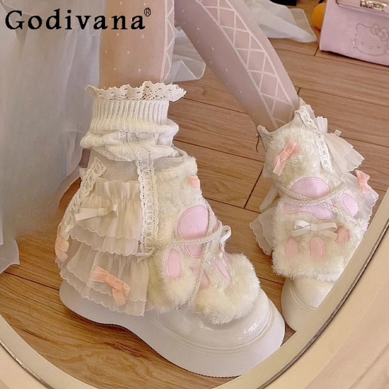 

Autumn Winter Lace Round Toe Boots for Ladies Original Japanese Thick Sole Boots Women's Sweet Princess Style Lolita Shoes