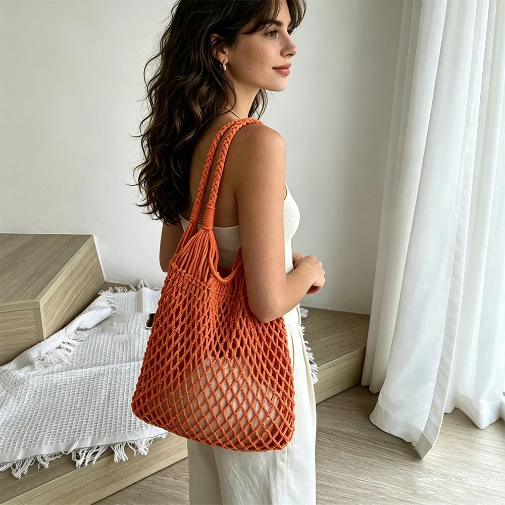 

Handmade Woven Mesh Bag with Lining Cotton Rope Beach Tote Lightweight Summer Vacation Shoulder Bag for Grocery Shopping Women