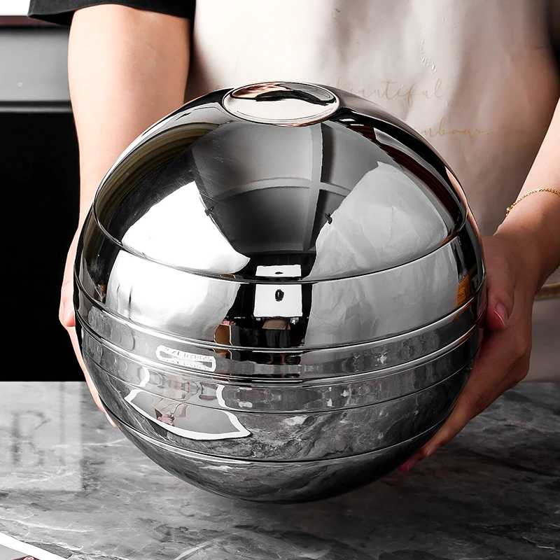 304 Stainless Steel Spherical Bowl & Plate 7 Piece Set  Artistic Sphere Decor, Glossy Double-Layer Heatproof Bowls and Dishes