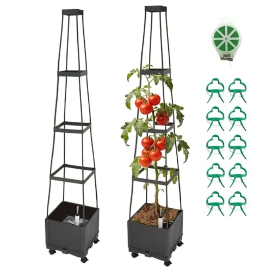 

Movable Raised Garden Bed Tomato Planter Box with Trellis and Universal Wheel Self-Watering Garden Beds Outdoor for Vegetables