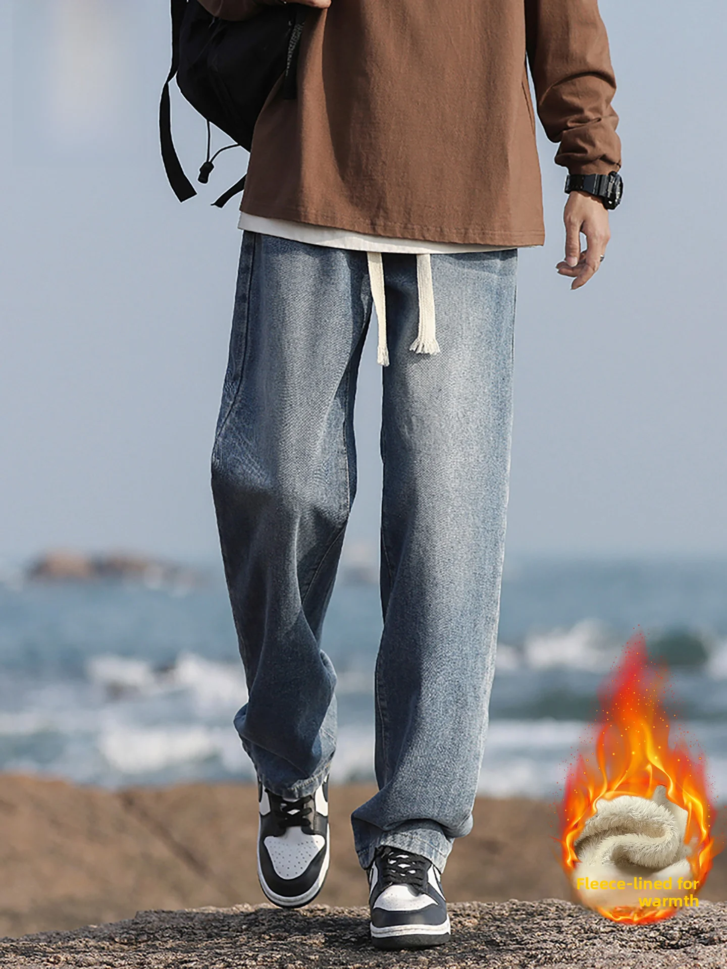 

Narino American Retro Drawstring Straight Leg Jeans Men's Loose Workwear Long Trousers Trendy Versatile Spring Autumn Cotton ...