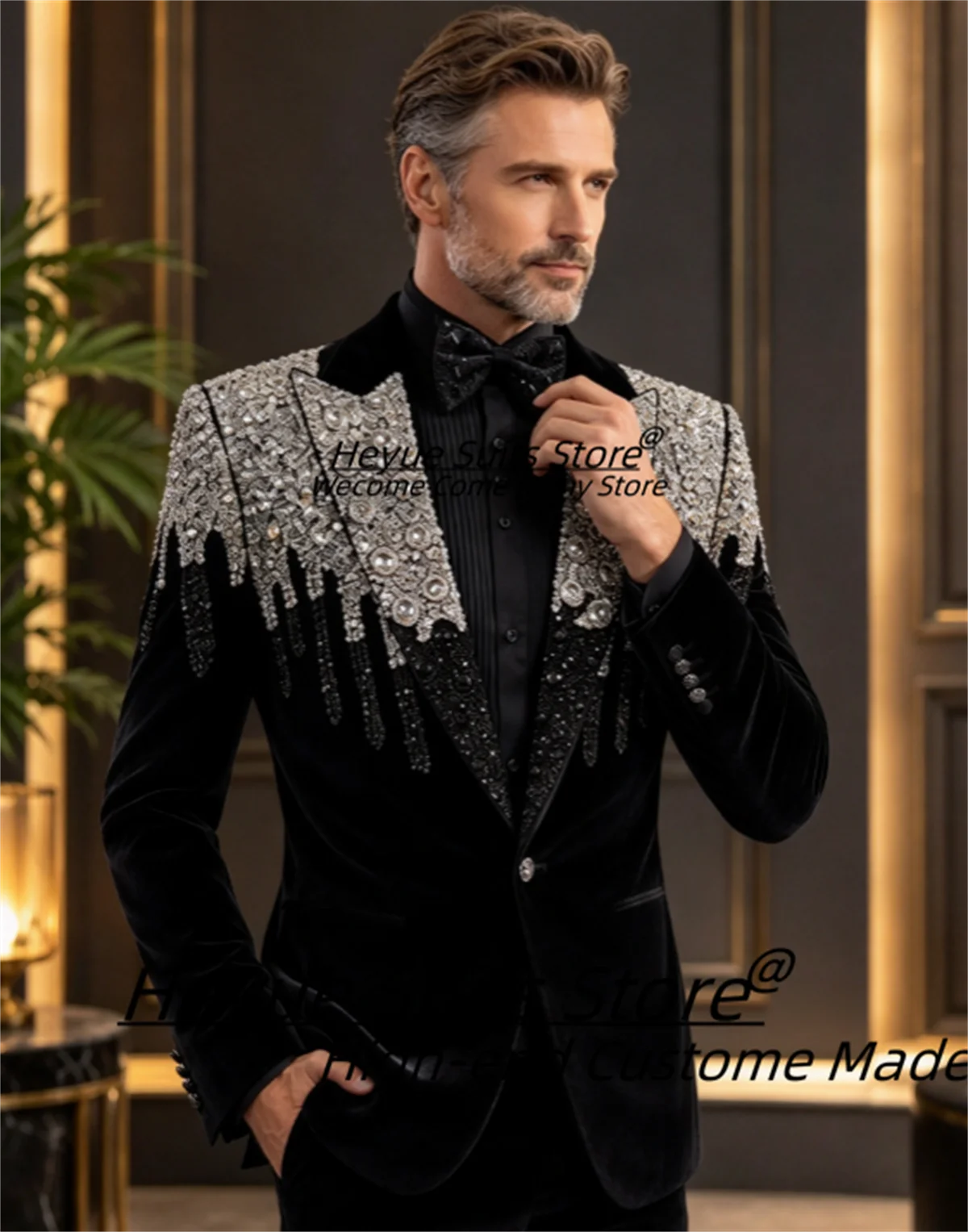 Shiny Beaded Rhinestone Velvet Men Suits Slim Fit Peak Lapel Groom Wedding Tuxedos 2 Pieces Sets Male Prom Blazers Ropa Hombre