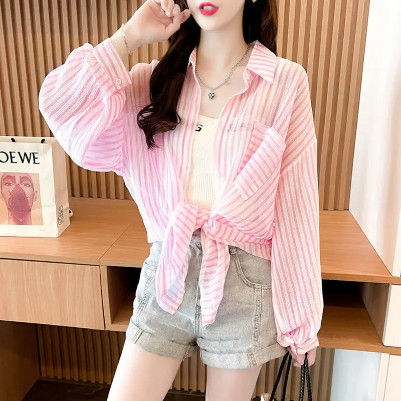 2023 Casual Striped Stylish Spliced Single-breasted Blouse Spring Summer Thin Long Sleeve Korean Loose All-match Pockets Shirt