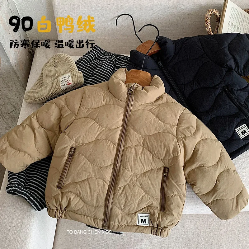 

Детская одежда, пуховик для мальчиков, новинка 2025 года, зима, корейский стиль, молния, модное простое однотонное детское пальто 90 на белом утином пуху