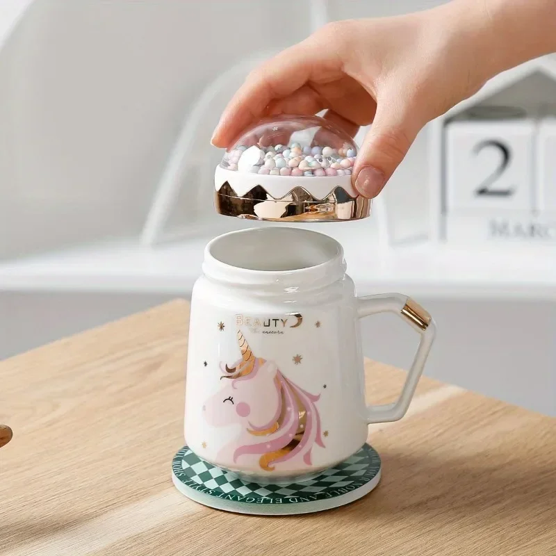 Unicorn mug creative ceramic coffee cup tea cup milk breakfast cup with lid