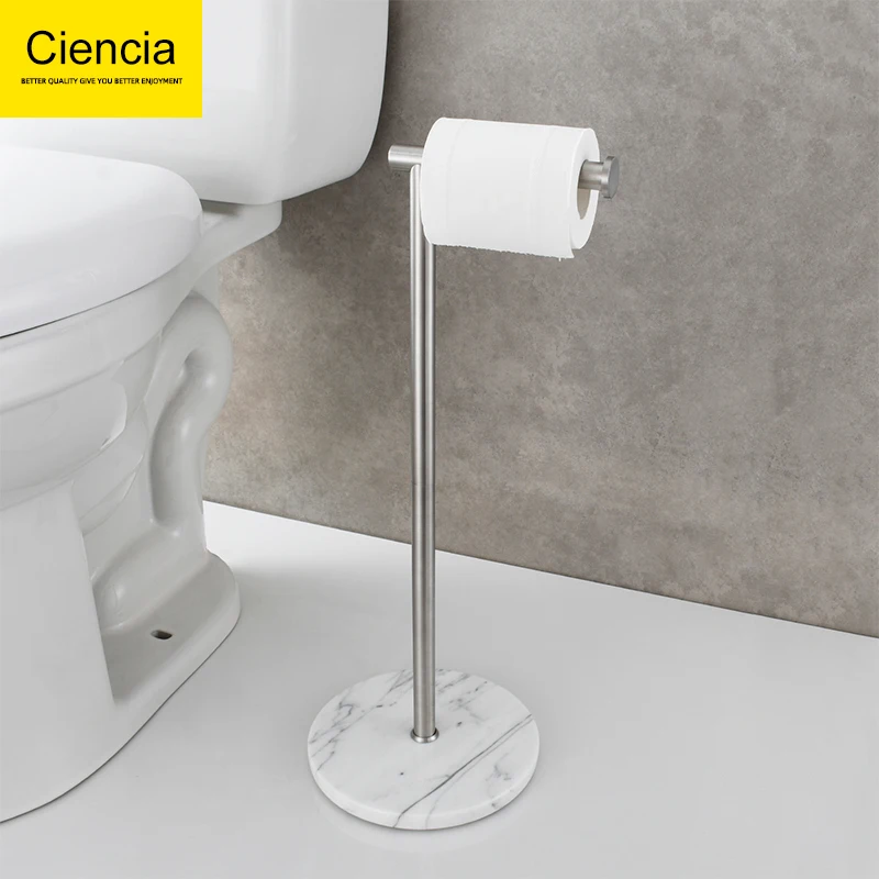 Ciencia SUS 304 Stainless Steel Toilet Paper Holder with Marble Base Bathroom Roll Paper Holder Floor Stand for Living Room