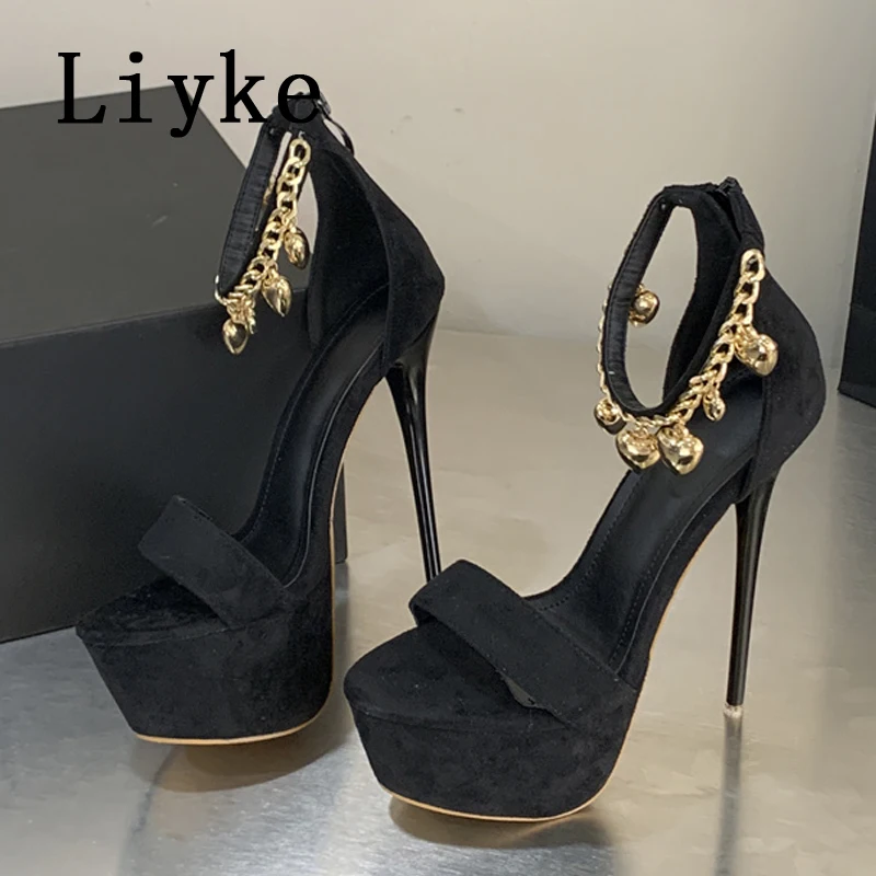 

Liyke/летние пикантные сандалии на платформе на очень высоком каблуке 16 см, женские модные туфли с колокольчиком и цепочкой на щиколотке на молнии с ремешком, женские вечерние модельные туфли