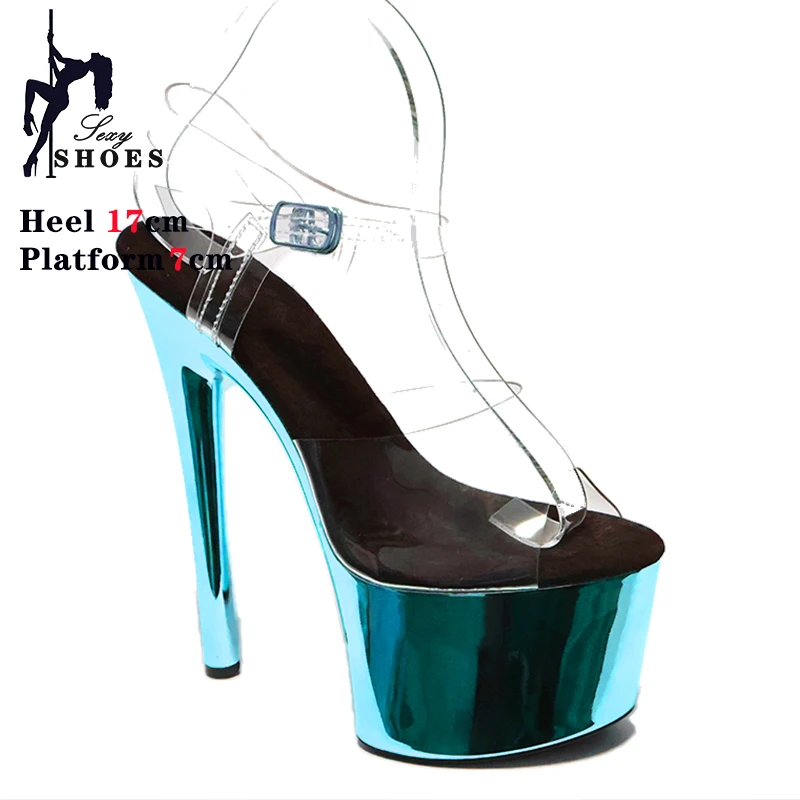 heels for women Gold Plated Heel Waterproof Platform 17CM PVC Sandals Women Thin Heels Buckle Strap Pole Dance Shoes Red Silver