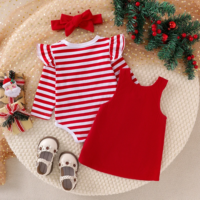 2024-05-18 Lioraitiin Baby Girl Thanksgiving Outfits Stripe Long Sleeve Romper Turkey Embroidery Overalls Dress Headband Set