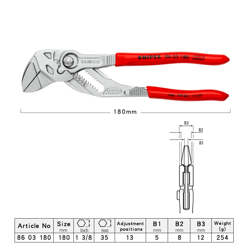 KNIPEX 8603180 Pliers Wrench Push Button Adjustable Spanner Smooth Jaws for Damage Free Installation of Delicate Plated Fittings