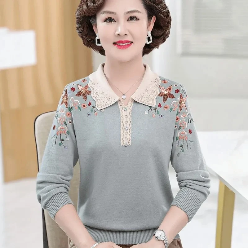 중년 여성 캐시미어 스웨터 가을 겨울 긴팔 라펠 니트웨어 여성 울 풀오버 우아한 자수 니트 점퍼