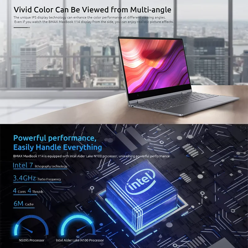 BMAX-Ordinateur portable Y13PRO 360 °, ordinateur portable Windows 11, 16 Go de RAM, LPDDR5, 13.3 Go SSD, 512x1920 IPS, Intel N100, ordinateur portable de médication