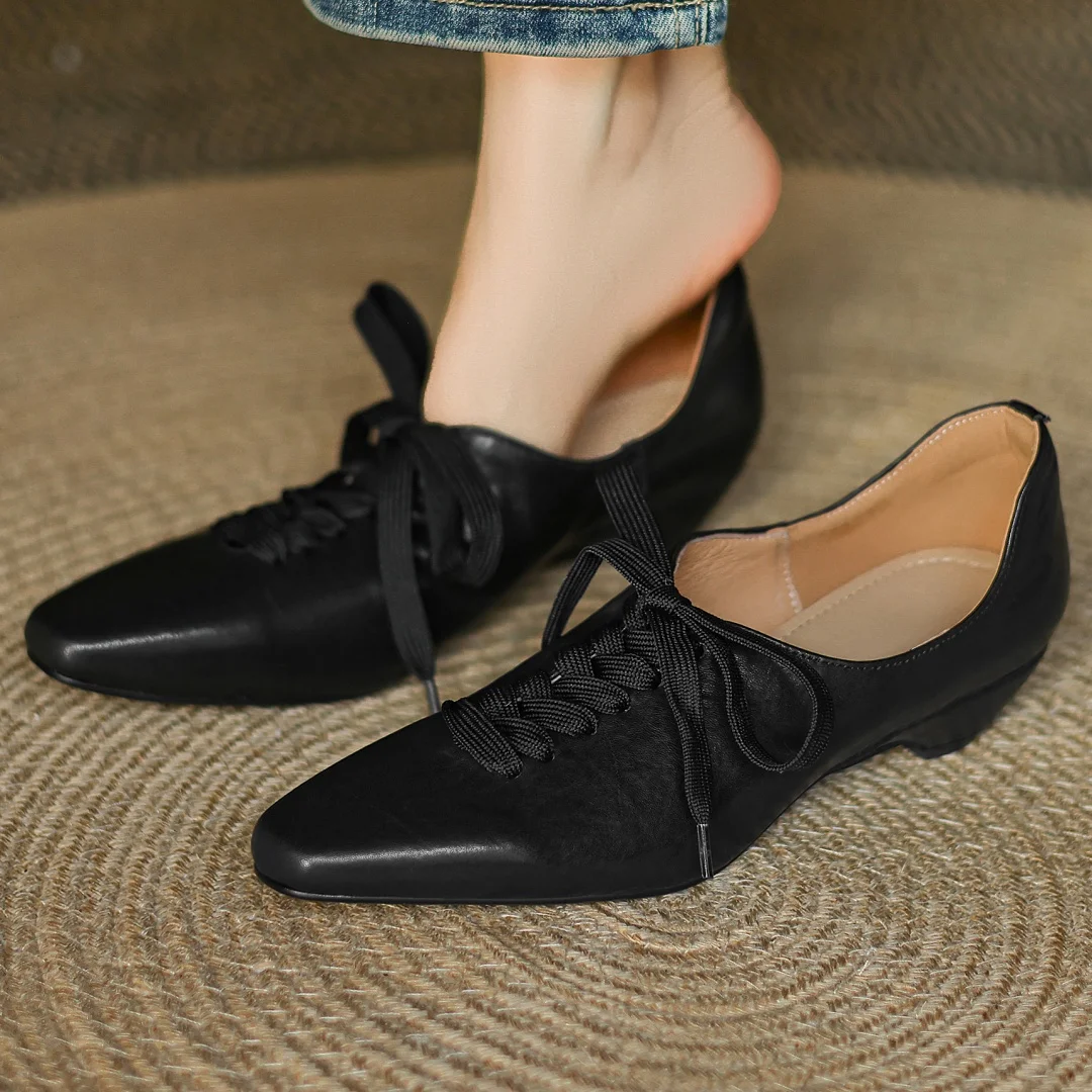 

Женские туфли-лодочки из коровьей кожи с квадратным носком на шнуровке, повседневные женские туфли-оксфорды высокого качества на каблуке 3 см, мягкие удобные женские туфли-оксфорды высокого качества