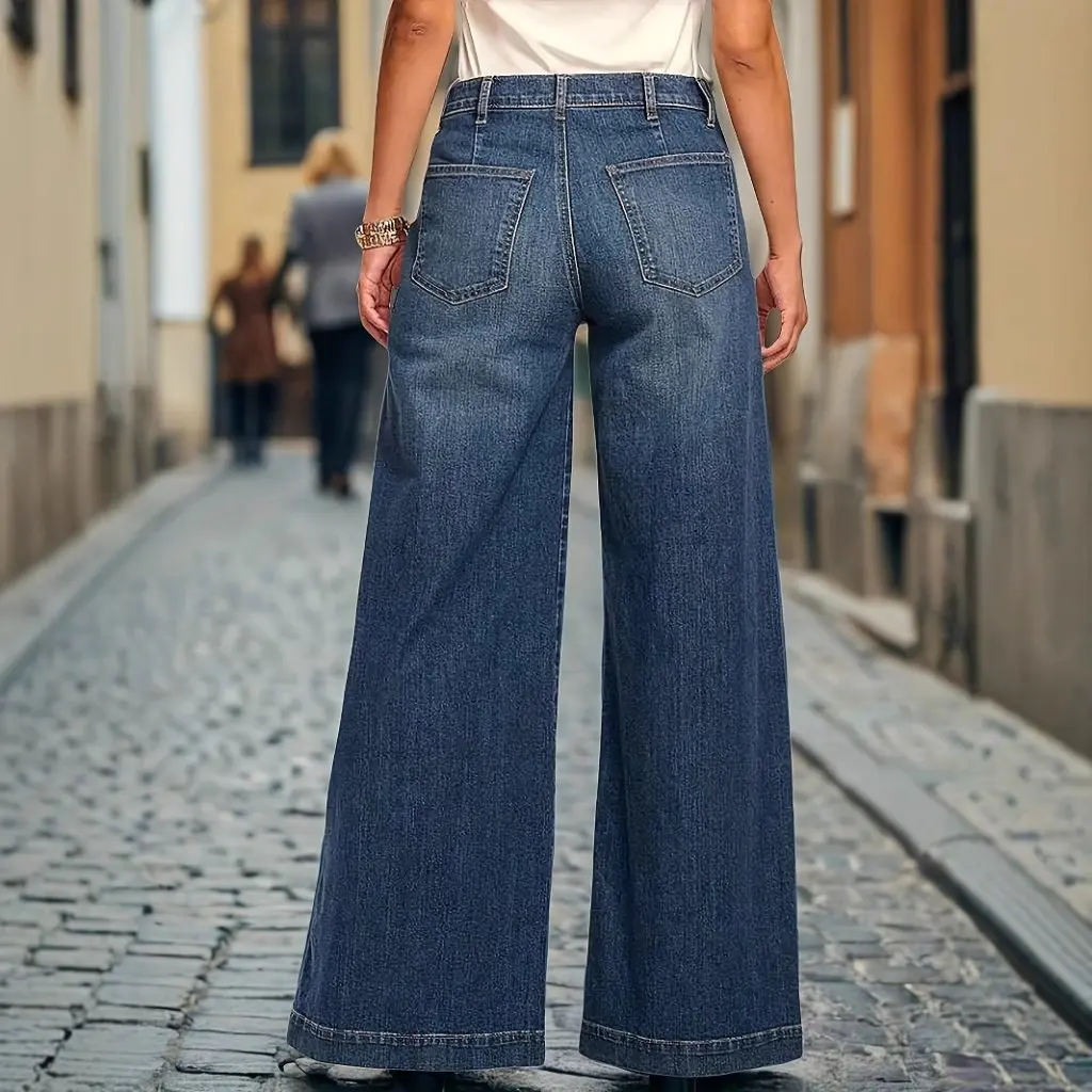 Pantaloni lunghi da donna in denim elastico a vita media con bottoni lavati vintage di grandi dimensioni