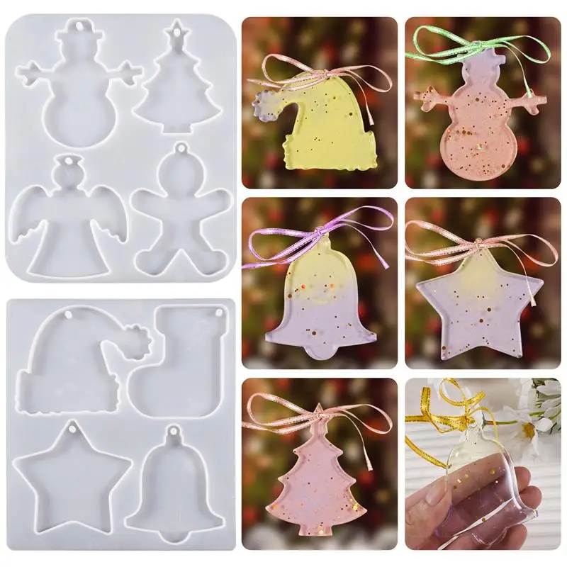 4in1 Christmas Pendant Resin Mold Snowflake Christmas Tree Epoxy Silicone Mould For DIY Jewelry Making Christmas Tree Decoration