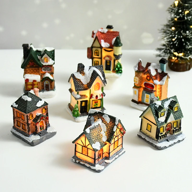 

Christmas LED Light Resin Small House Cabin Christmas Decorations For Home DIY Xmas Tree Ornaments New Year 2023 Kids Gifts