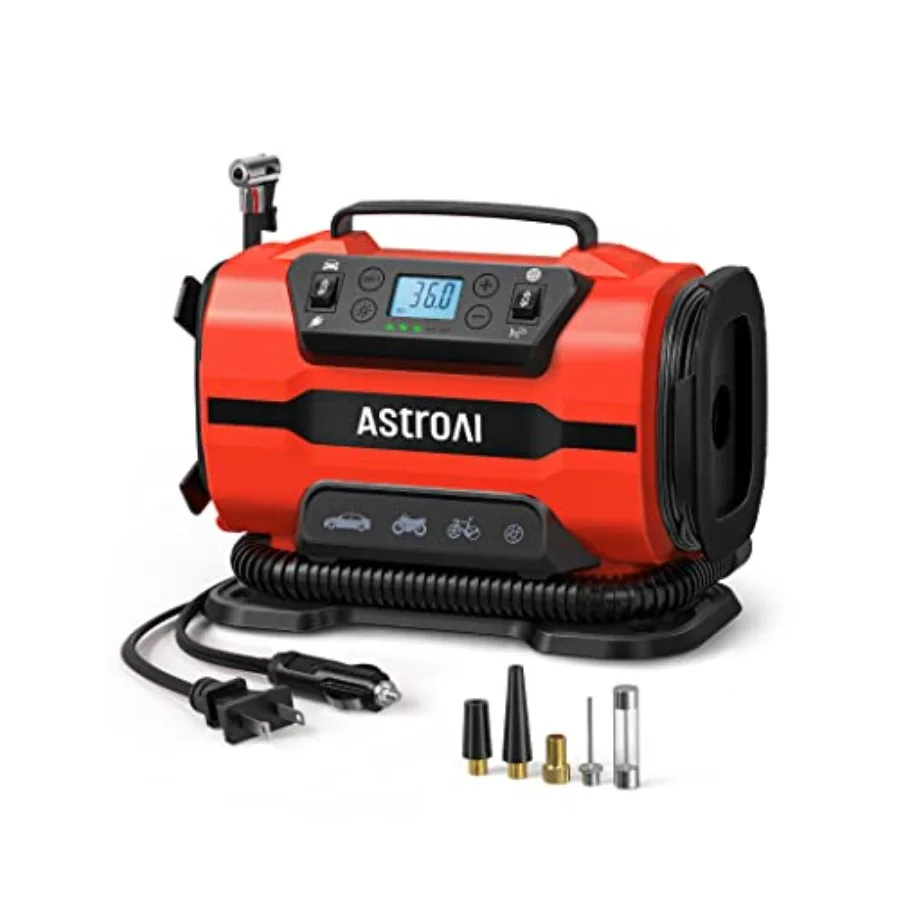 

Портативный воздушный компрессор 150PSI 12В DC/110В AC с двумя металлическими моторами и LED-подсветкой для шин автомобилей, велосипедов и надувных матрасов, красный