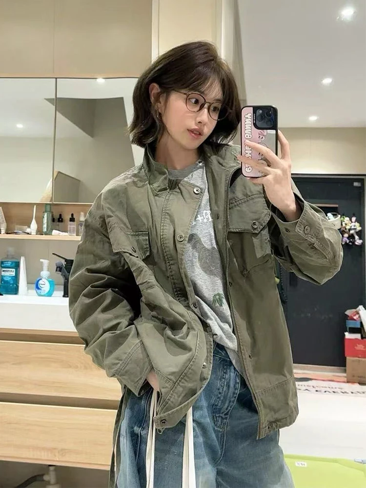 

Chic Cargo Jacket Army Green Utility Coat Women Oversized Stand Collar Spring Fall American Multi-Pocket Casual Outerwear
