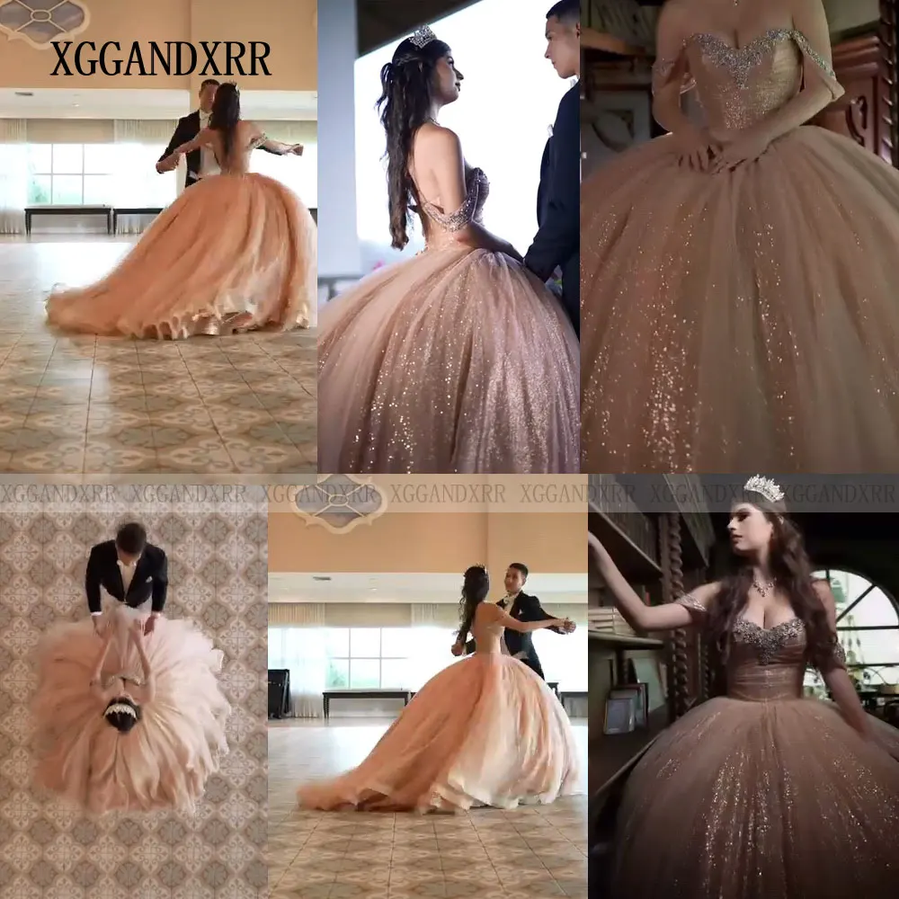 Robe De bal dorée personnalisée, robes De Quincenara, paillettes, cristal, volants, couche douce 16, 15 robes De XV Aniver d'anniversaire, 2025