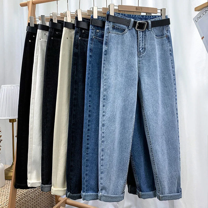 

Retro High Waisted Jeans For Women Spring Autumn Simple Solid Color Straight Pencil Pants Korean Slimming Blue Denim Trousers