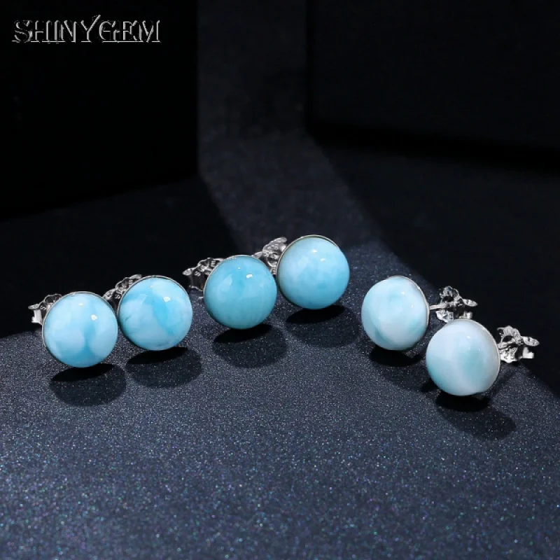 SHINYGEM Natural Larimar Stone Round Earrings 925 Sterling Silver Ear Sticks Exquisite Jewelry Suitable Daily Wearing Wome Gifts
