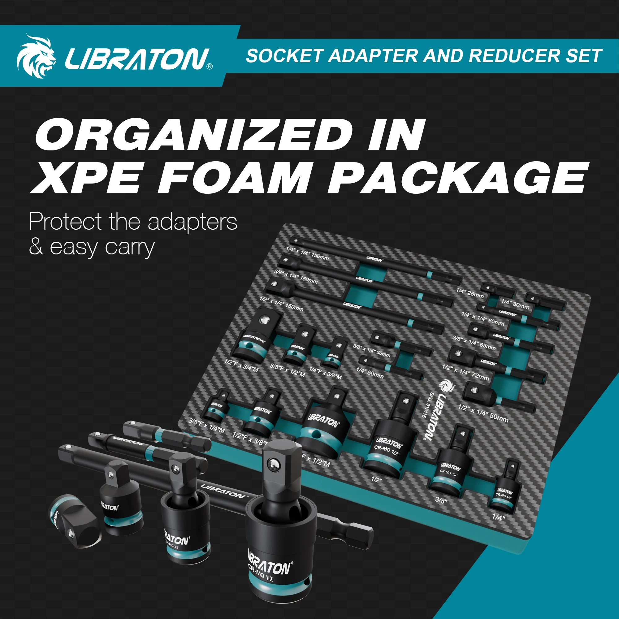 LIBRATON 1/4 Zoll, 3/8 Zoll, 1/2 Zoll Schlagschrauber-Adapter und Reduzierstücke, inklusive Reduzierstücke, Universalgelenke, Steckschlüsseladapter-Verlängerung, 20 Stück – Detail 1