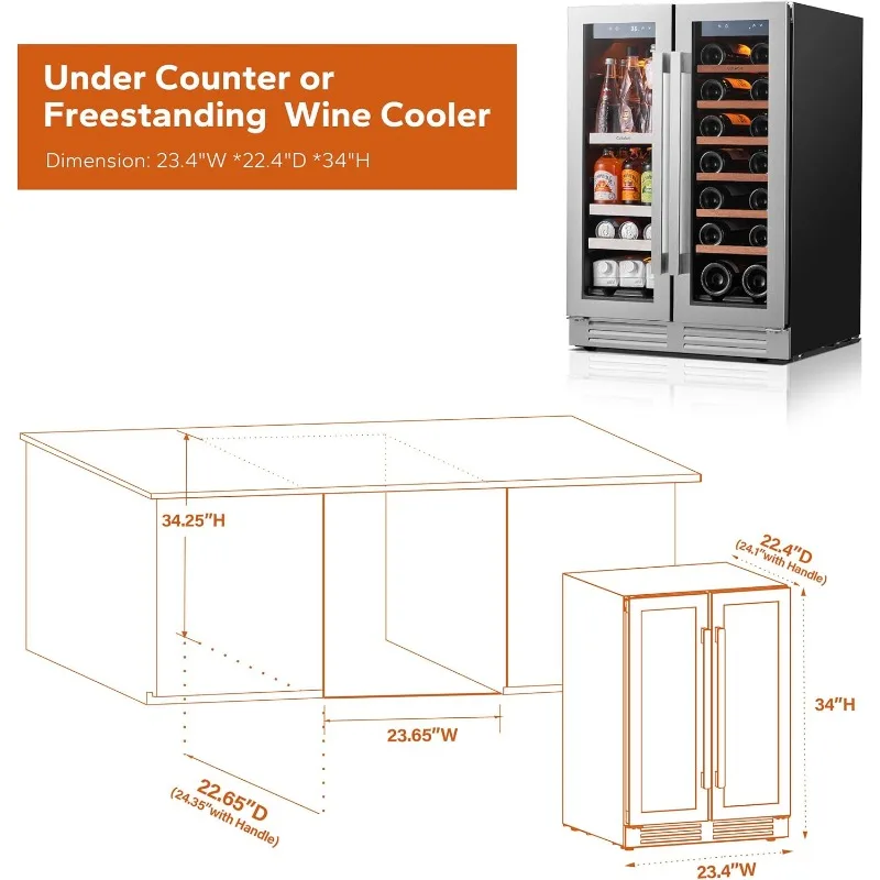 Wine and Beverage Refrigerator 24 Inch, 60 Can and 20 Bottle Wine Fridge Dual Zone 36°F-72°F, 3 LED Beverage Fridge Bu