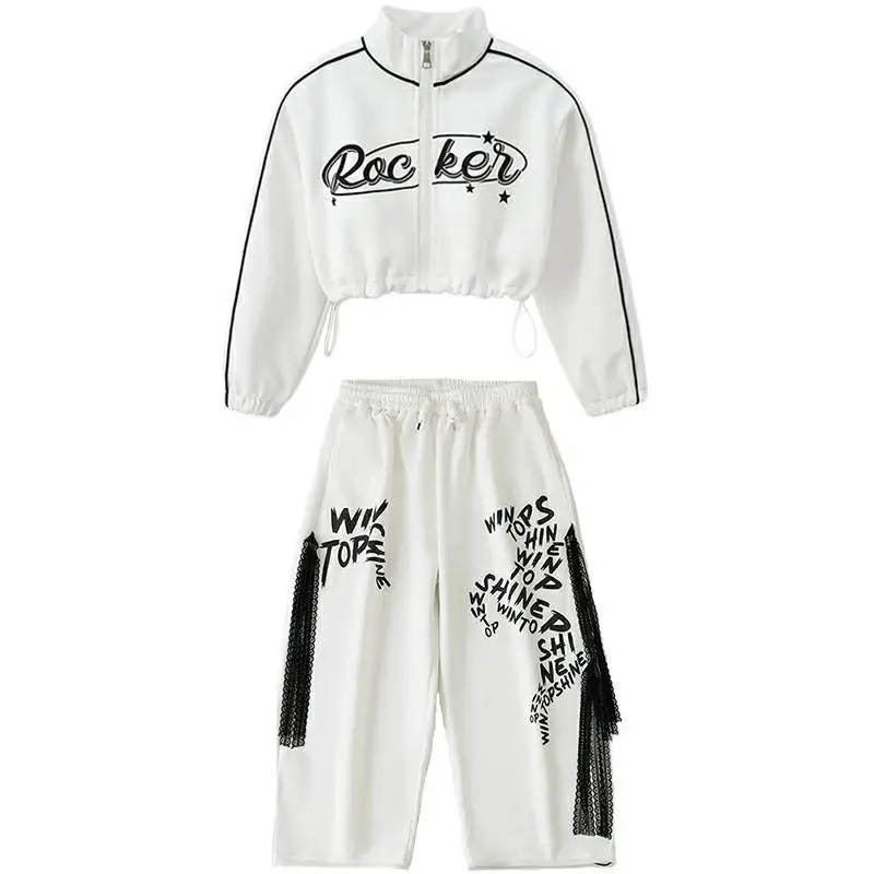 Kids Jazz Dance Clothes Set Girls Hip Hop Costume White Jacket Baggy Pants Long Sleeves Suit Group Breaking Street Dance Outfits