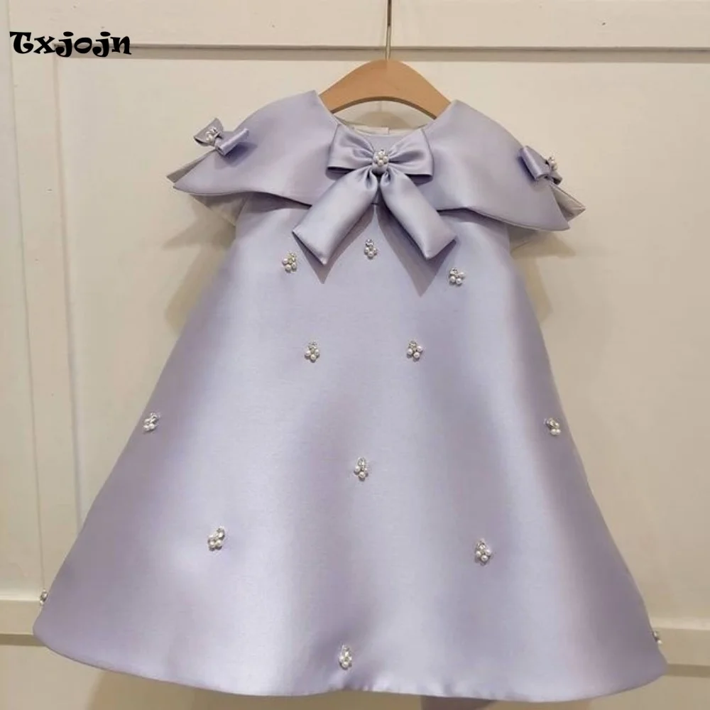 Baby Girl Dress 1-14 Years Old Girl's Satin Beaded Princess Dress O-neck Bow Birthday Dress Wedding Dress Flower Girl Show Dress