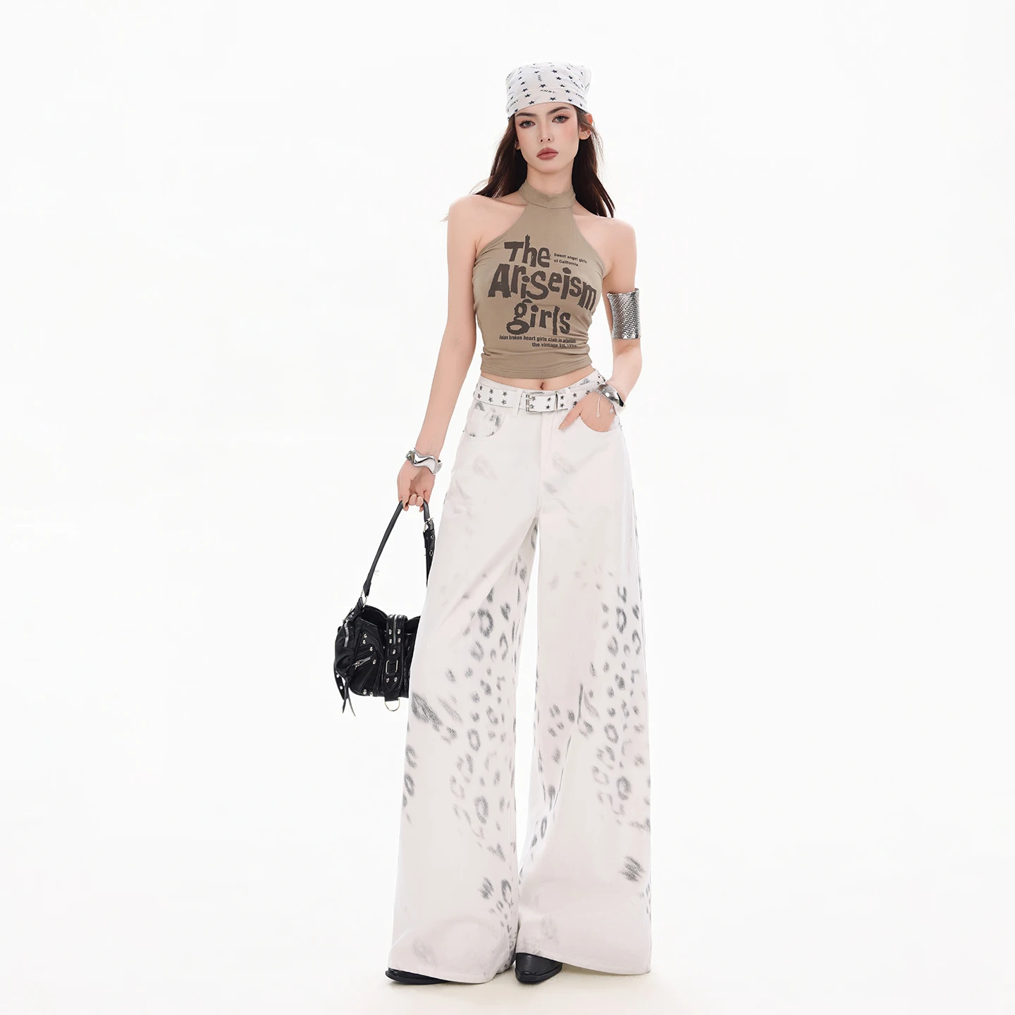 Women's Fashion Digital Print Loose Wide Leg Denim Pants Pure Cotton Comfortable Breathable Spring Summer Floor Length Trousers